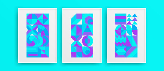 Multicolored modern wall art template set. Fresh vivid flat shapes vector design illustration collection.
