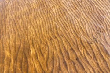 Yellow sandy seabed is under shallow water with ripple