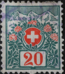 Switzerland - Circa 1911: a postage stamp printed in the Switzerland showing the Swiss coat of arms...