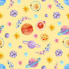 Seamless watercolor pattern with planets, stars, meteors and asteroids on a yellow background. Cute baby space print.