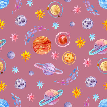 Seamless watercolor pattern with planets, stars, meteors and asteroids on a pink background. Cute baby space print.