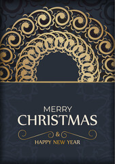 Happy new year greeting card in dark blue color with abstract gold pattern