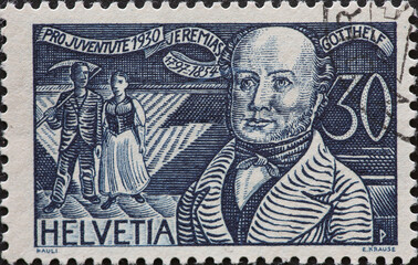 Switzerland - Circa 1930: a postage stamp printed in the Switzerland showing a portrait of the poet...