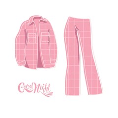 Good night lettering. Warm clothes for home, warm tshirt, trousers. Pink Pyjamas. Cozy warm clothes. Clothing for recreation. Linear Vector sketch icon isolated on white background. Seasonal element.