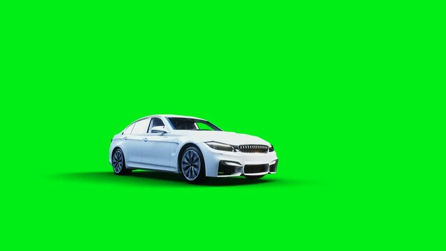 white generic 3d car crashes into alcholol bottle. Sober driver concept. Green screen 4k animation.