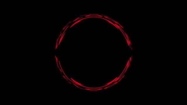 Chaotic movement of red curved lines. Isolated geometric shape of a circle on a black abstract background. Space for the text, logo, product presentation. High resolution 4k.