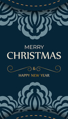Holiday card Merry Christmas and Happy New Year in dark blue with vintage blue pattern