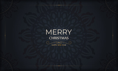 Holiday card Merry Christmas and Happy New Year in dark blue with vintage gold pattern