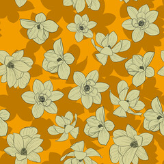 Seamless floral pattern. Delicate magnolia on a yellow background