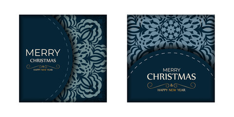 Holiday card Merry Christmas in dark blue color with vintage blue ornament