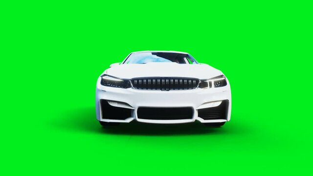 white generic 3d car crashes into alcholol bottle. Sober driver concept. Green screen 4k animation.