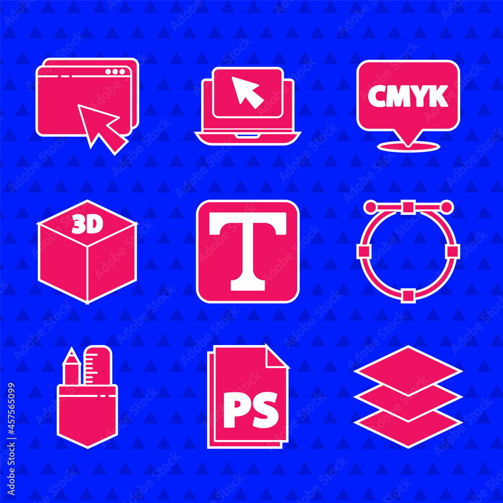 Poster set text, ps file document, layers, circle with bezier curve, crossed ruler and pencil, isometric cu