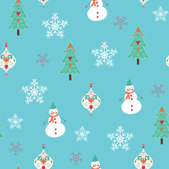 Fototapeta na wymiar Christmas seamless pattern with snowman, snowflakes and Christmas tree.