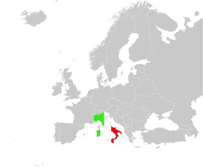 Fototapeta na wymiar Map of Italy with national flag on Gray map of Europe 