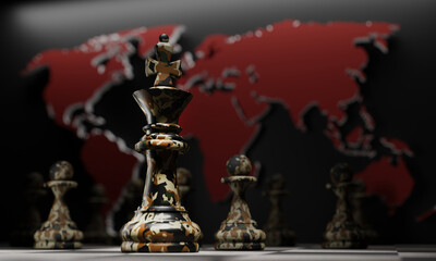 Concept war strategy. Chess king with pawns in camouflage on the background of the world map. 3d illustration