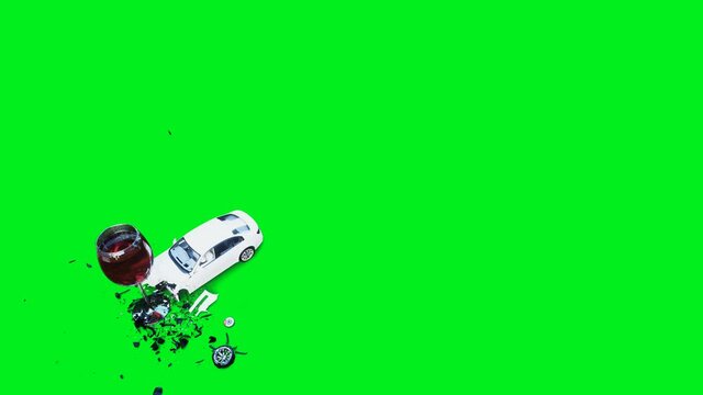 white generic 3d car crashes into alcholol bottle. Sober driver concept. Green screen 4k animation.