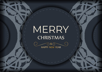 Holiday Flyer Merry Christmas and Happy New Year in dark blue color with vintage blue ornament