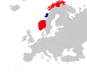 Map of Norway with national flag on Gray map of Europe	
