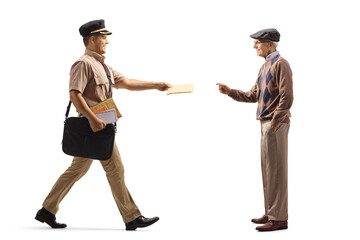 Full length profile shot of a postman delivering letter to a male pensioner