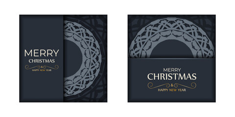 Holiday Flyer Merry Christmas and Happy New Year in dark blue color with winter blue ornament