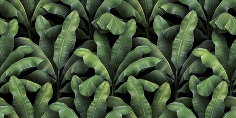 Seamless pattern with beautiful green tropical banana leaves. Hand-drawn vintage 3D illustration. Glamorous exotic abstract background. For luxury wallpapers, cloth, fabric print, goods, mural, poster