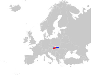 Map of Slovakia with national flag on Gray map of Europe	
