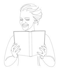 Silhouette of a lady. The girl reads a book in a modern one line style. Continuous drawing, home decor sketches, posters, wall art, stickers, logo. Vector illustration.