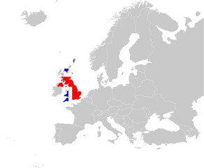 Map of United Kingdom with national flag on Gray map of Europe	
