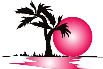 background, beach, beaches, beautiful, card, coconut, design, draw, evening, exotic, holiday, idea, illustration, island, leaf, nature, night, ocean, orange, palm, paradise, plants, resort, sand, sea,