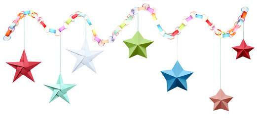 Holiday paper stars and birds haning with paper chain