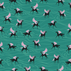 Pegasus with wings and horn. Black stylized horses. Seamless pattern. Vector.