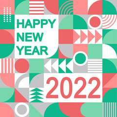 Happy new year poster template. Geometric minimalistic vector pattern. Multicolored abstract flat scandinavian pattern.
