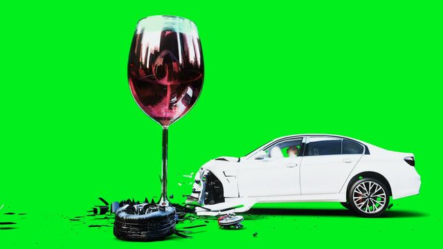 white generic 3d car crashes into alcholol bottle. Sober driver concept. Green screen 4k animation.