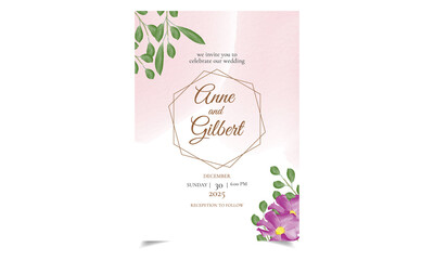 Watercolor wedding invitation card with gold and pink color. 