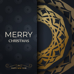 Merry christmas card in dark blue color with luxury gold pattern