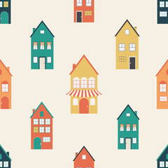 Colored houses on the streets of the city. Seamless modern pattern for trendy fabrics, wrapping paper, decorative pillows.