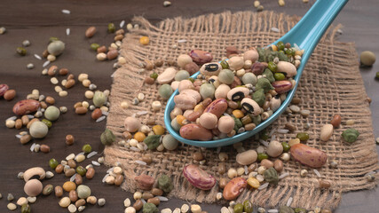 Assorted different types of beans and cereals grains. Set of indispensable sources of protein for a healthy lifestyle. Everyday use at Indian households.