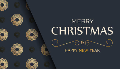 Merry christmas card in dark blue color with vintage gold pattern