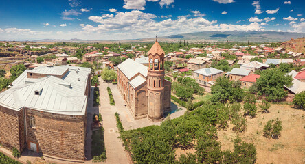 Aerial panoramic view of church of St. Mesrop Mashtots in Oshakan town. The saints grave is located...