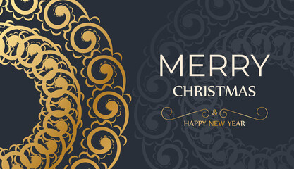 Merry christmas card in dark blue color with winter gold ornament