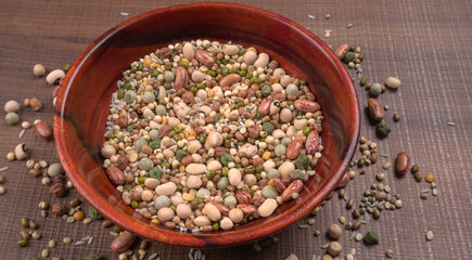 Assorted different types of beans and cereals grains. Set of indispensable sources of protein for a healthy lifestyle. Everyday use at Indian households.