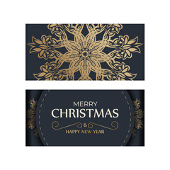 Merry christmas flyer in dark blue color with vintage gold ornament