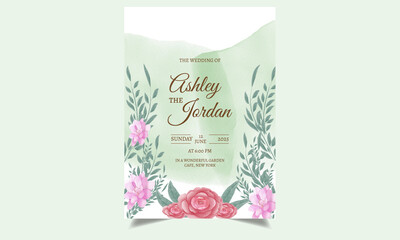 Watercolor invitation card design with beautiful flowers and leaves. 