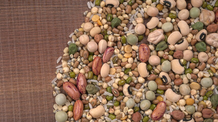 Assorted different types of beans and cereals grains. Set of indispensable sources of protein for a healthy lifestyle. Everyday use at Indian households.