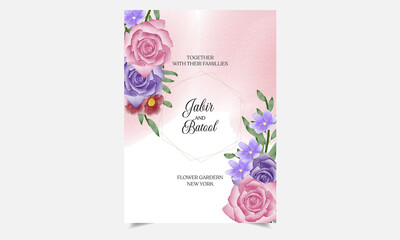 Watercolor invitation card design template with beautiful flowers. 