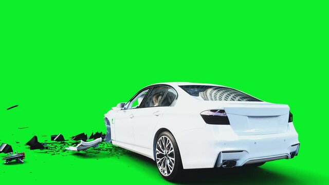 white generic 3d car crashes into invisible wall. Car accident concept. Green screen 4k animation.