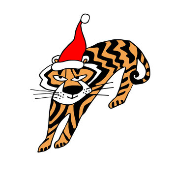 Christmas symbol 2022 tiger in holiday red cap drawn by hand in doodle style isolated on white. Animal of Chinese New Year. Sticker, printing, clip art, package, postcard, poster.