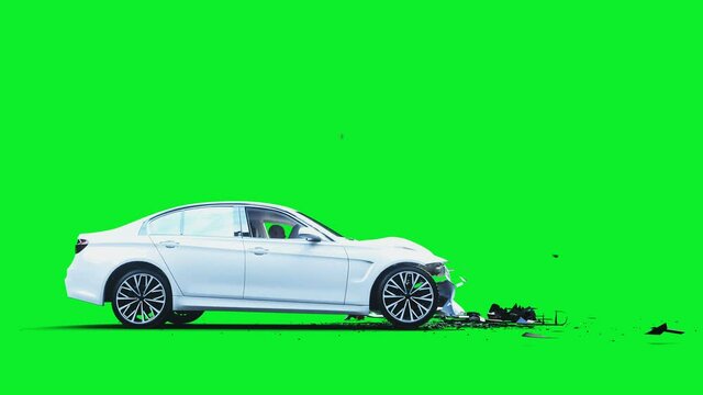 white generic 3d car crashes into invisible wall. Car accident concept. Green screen 4k animation.