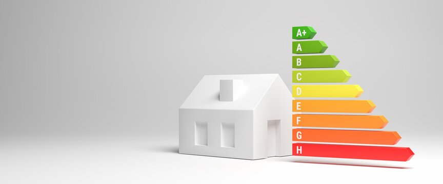 Energy Labels for houses in Germany (Energy Efficiency Classes A+ to H)  concept. A model house besides the energy label arrows. Web banner format
