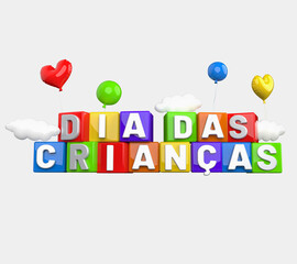 Fototapeta premium DIA DAS CRIANÇAS COLORIDO 3D COM BALÕES E NUVENS TEXTO EM FUNDO ISOLADO